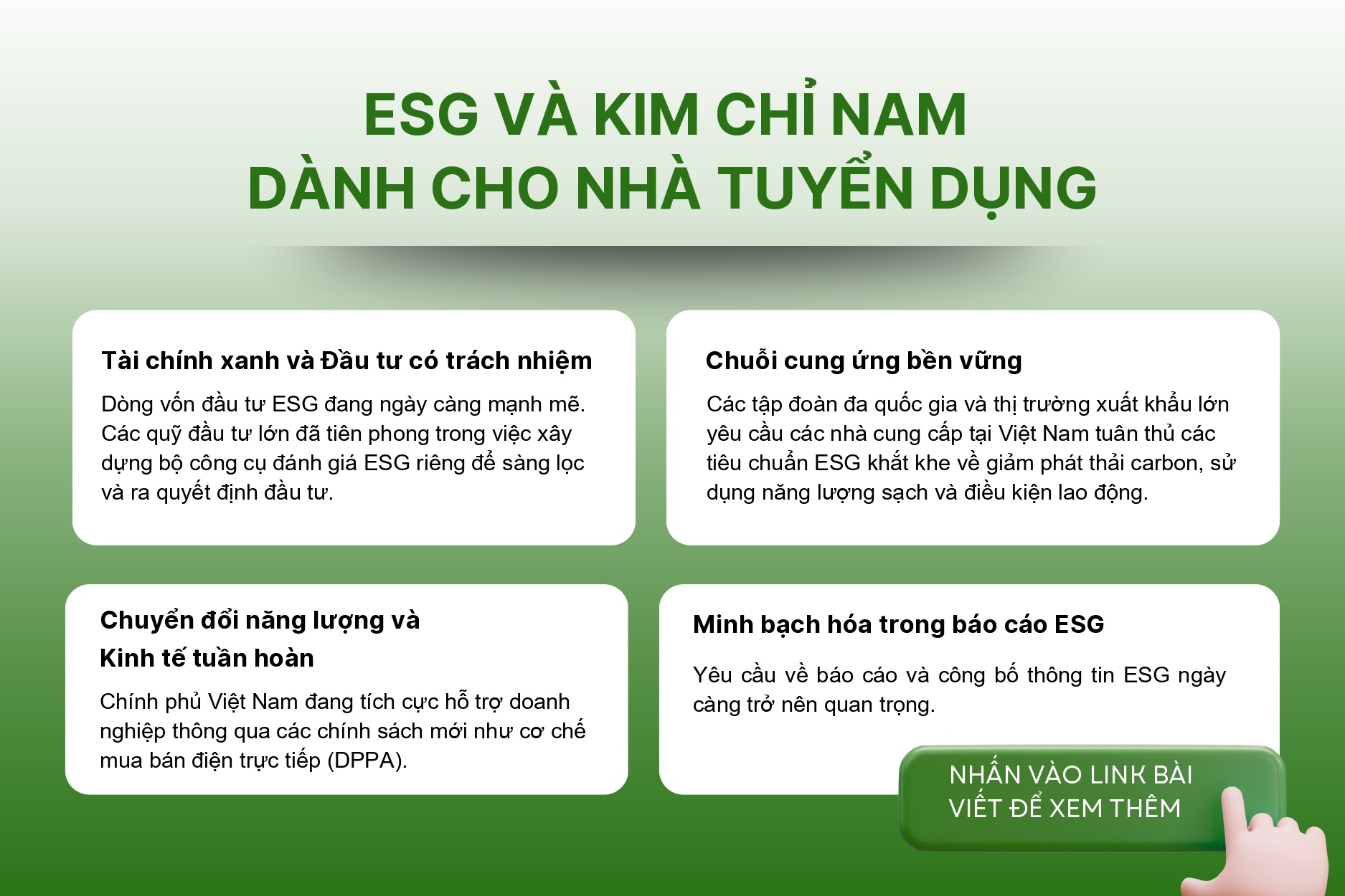 Hình ảnh infograph về ESG, nêu bật 4 xu hướng chính liên quan đến tuyển dụng và phát triển bền vững