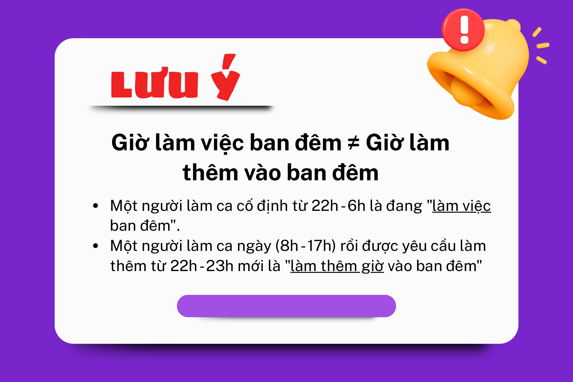 Infographic giải thích sự khác biệt quan trọng giữa 'làm việc ban đêm' và 'làm thêm giờ vào ban đêm' để tính lương OT chính xác